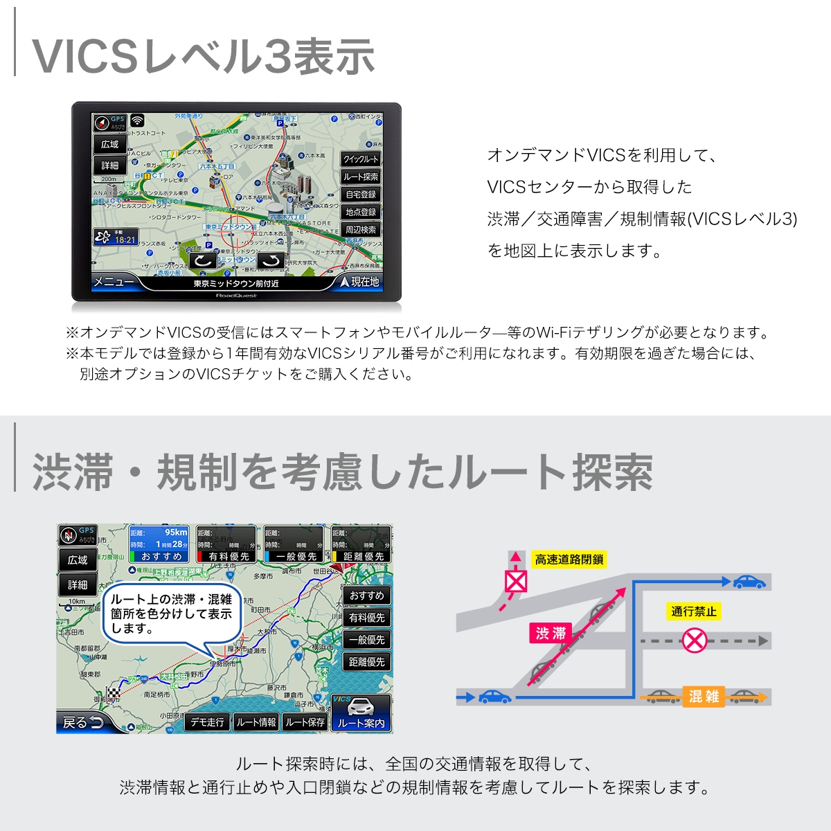 VICSレベル3表示 渋滞・規制を考慮したルート探索