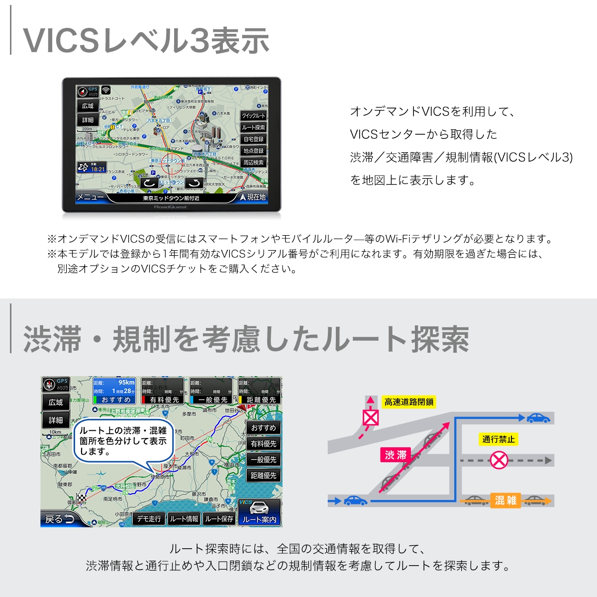 VICSレベル3表示 渋滞・規制を考慮したルート探索