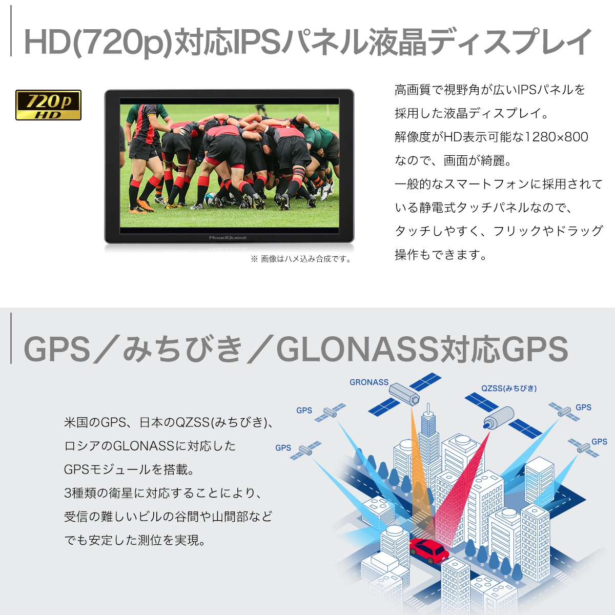 HD(720p)対応IPSパネル液晶ディスプレイ GPS／みちびき／GLONASS対応GPS