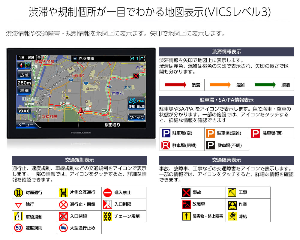 渋滞や規制箇所が一目でわかる地図表示(VICSレベル3)